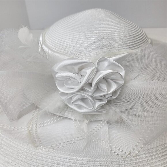 White Satin Ribbon Bows Rosettes Large Wide Brim Hat One Size Fits All - Picture 6 of 12
